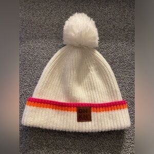 Dunkin Donuts 100% Acrylic White Beanie with Pink and Orange Stripes